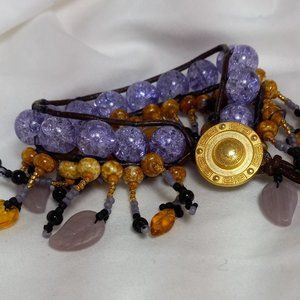 Woven Bracelet w/ Purple Crackle Glass, Gold and Purple Fringe, Golden Button